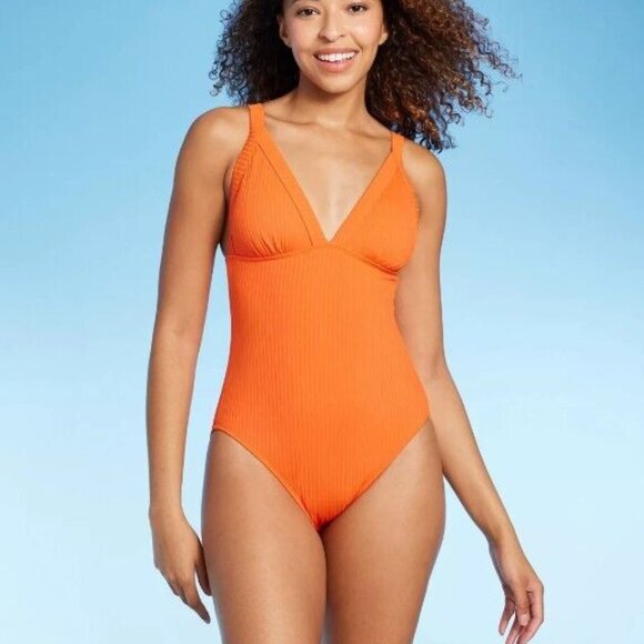 Shade & Shore Women's Ribbed Triangle One Piece Swimsuit Orange XL (16) - Picture 1 of 16